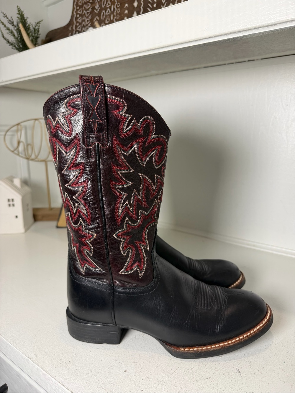 Ariat Womens 6 Black Leather Red Embroidered Square Toe Cowboy Boots Western - Picture 5 of 9